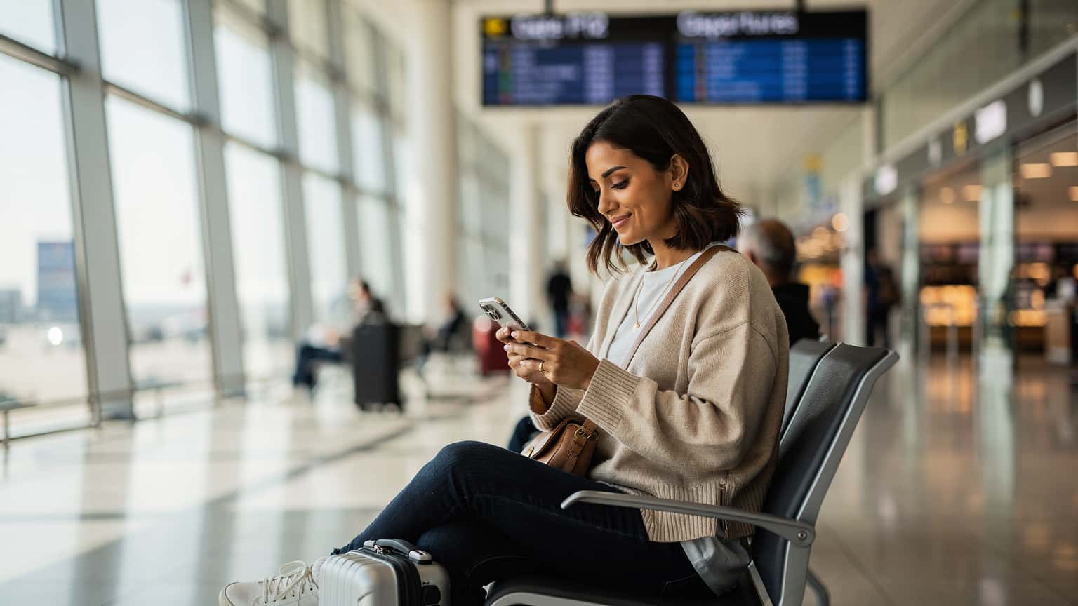 İstanbul Havalimanı dış hatlar terminalinde, pasaport kontrolü sonrası bir kadın elindeki iPhone 18'i kontrol ederken gülümsüyor, arkasında hareketli bir kalabalık ve uçağa biniş kapıları seçiliyor.