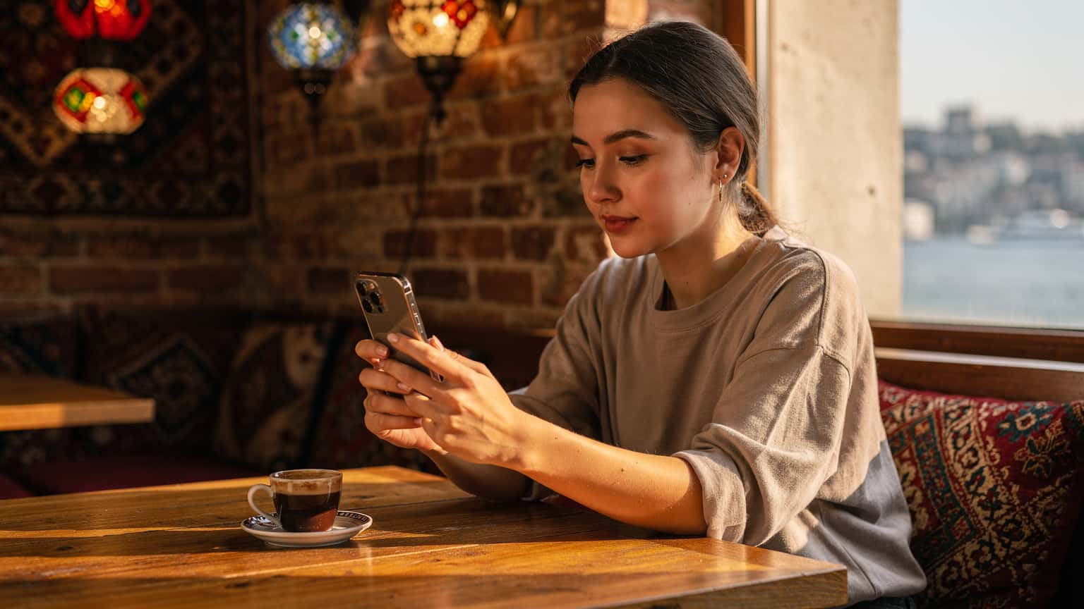 İstanbul Karaköy'deki hareketli bir kafede oturan genç bir kadının, bir fincan Türk kahvesi eşliğinde telefonunda eSIM kurulum adımlarını kontrol ettiğini gösteren bir fotoğraf.