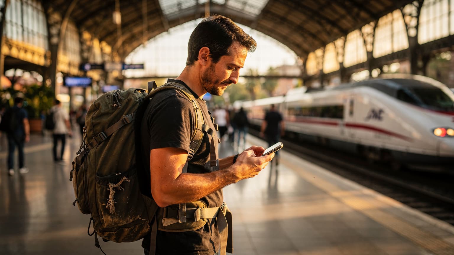 Un viajero revisa su teléfono mientras espera el tren en la Estación de Atocha en Madrid, con una mochila a sus pies y el sol de la tarde entrando por los ventanales.
