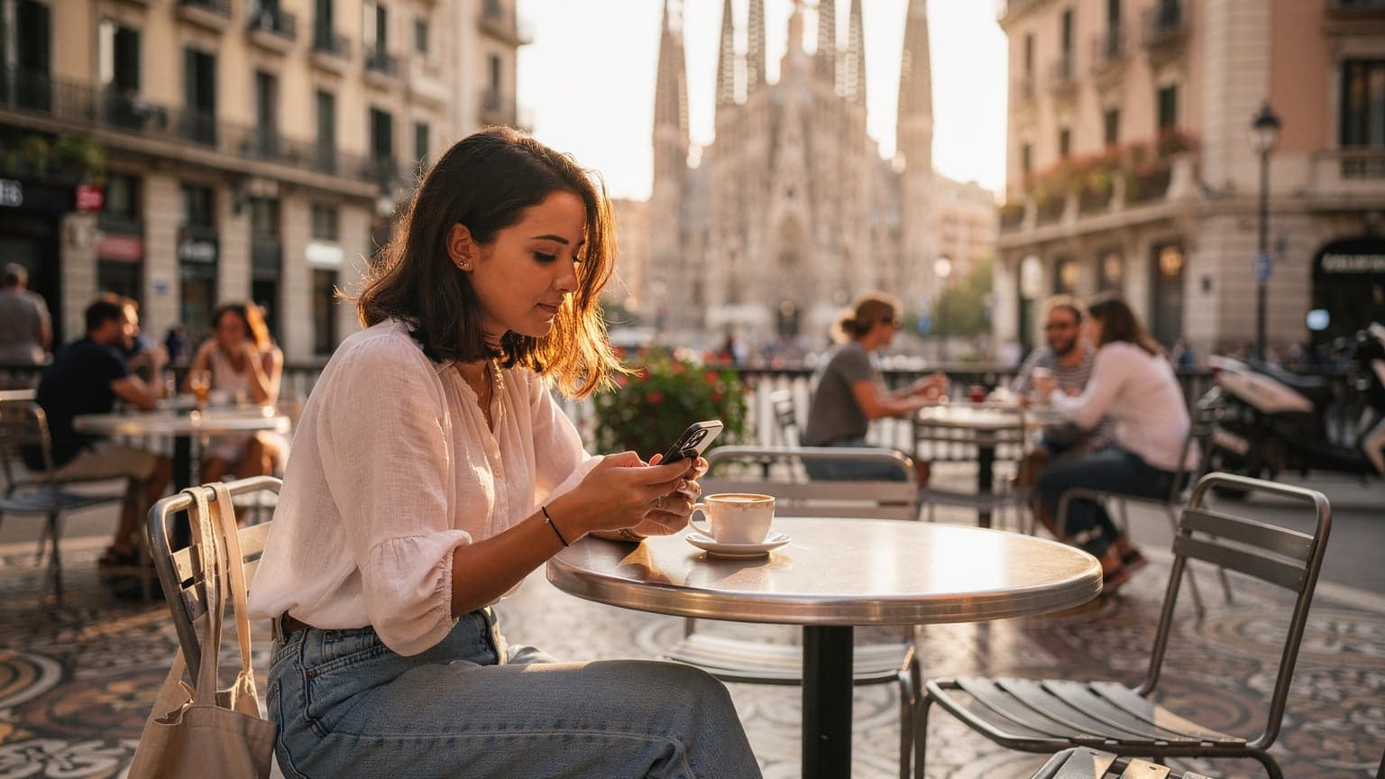 Una viajera joven con su iPhone en mano, consultando un mapa en una terraza soleada con vistas a la Sagrada Familia en Barcelona.
