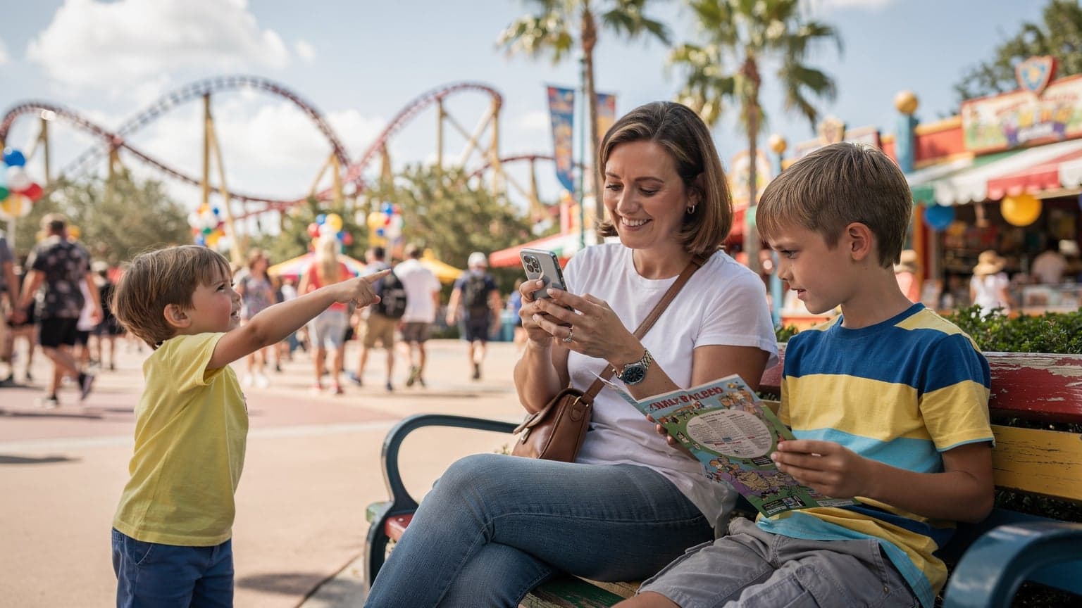 Una madre sonriente con sus dos hijos pequeños, un niño y una niña, sentados en un banco de un parque temático vibrante, mientras ella revisa su teléfono Samsung Galaxy con la pantalla iluminada, comprobando la conectividad.