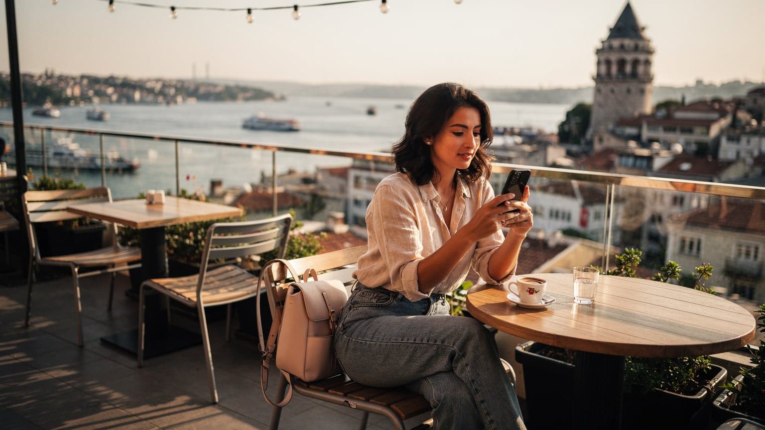Una viajera activa revisa su teléfono con una eSIM funcionando, sentada en una terraza con vistas al Bósforo en el barrio de Karaköy en Estambul, al atardecer.