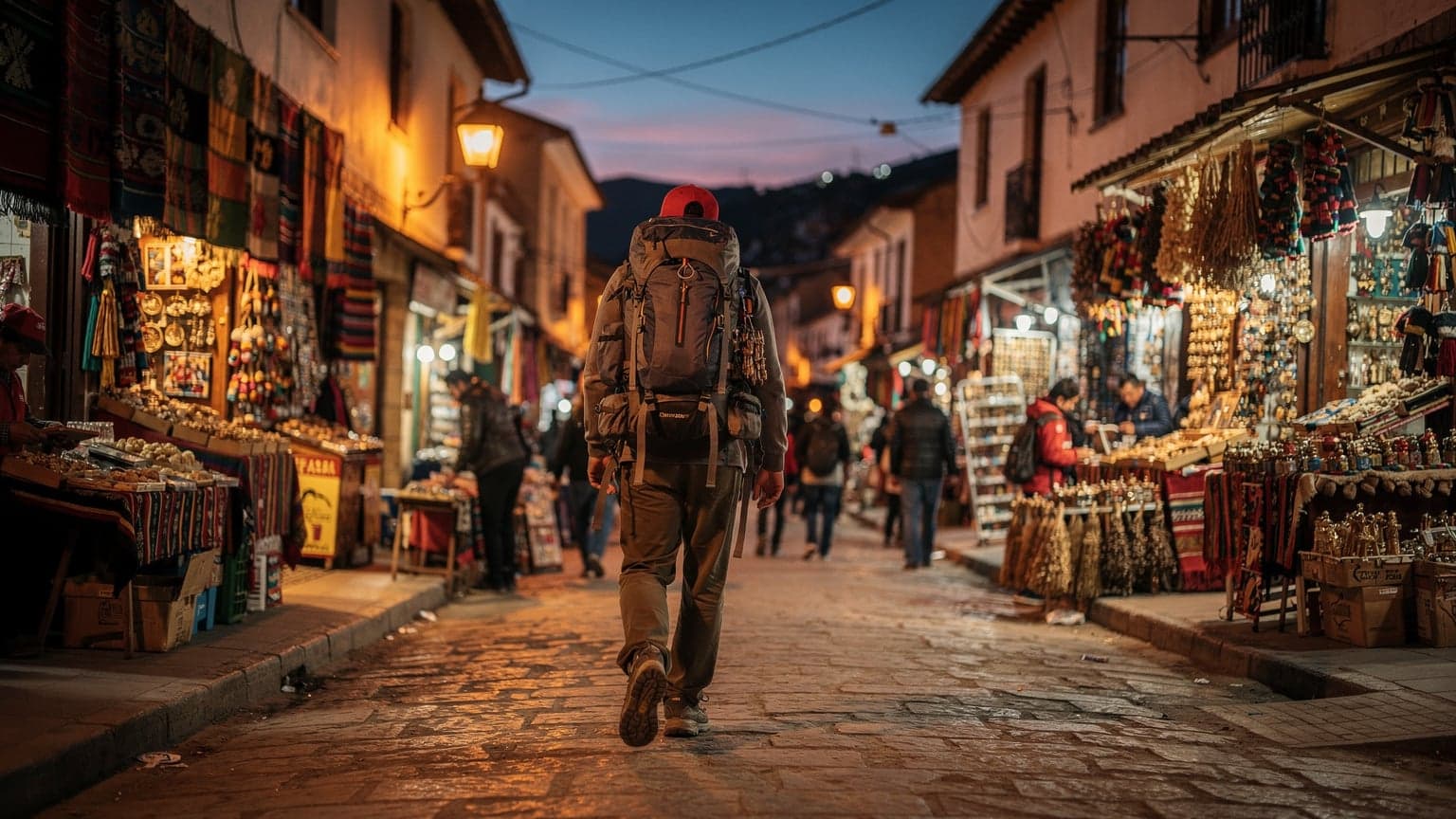 A bustling street scene in La Paz, Bolivia, at night, with colourful market stalls and people moving through the illuminated city.