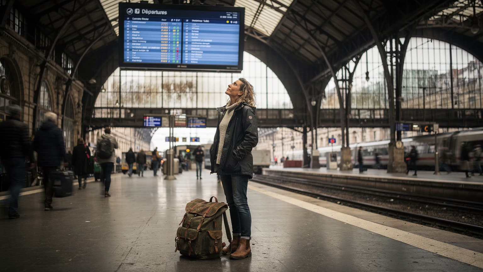 A lone traveler with a backpack looks up at the departures board in a dimly lit, grey Parisian train station, with rain streaking down the large windows in the background.