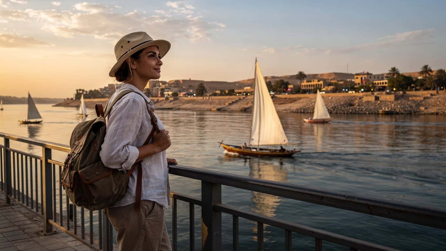 A woman wearing a wide-brimmed hat gazes across the Nile River at sunset, with traditional feluccas sailing past and the city lights of Cairo beginning to twinkle in the distance.