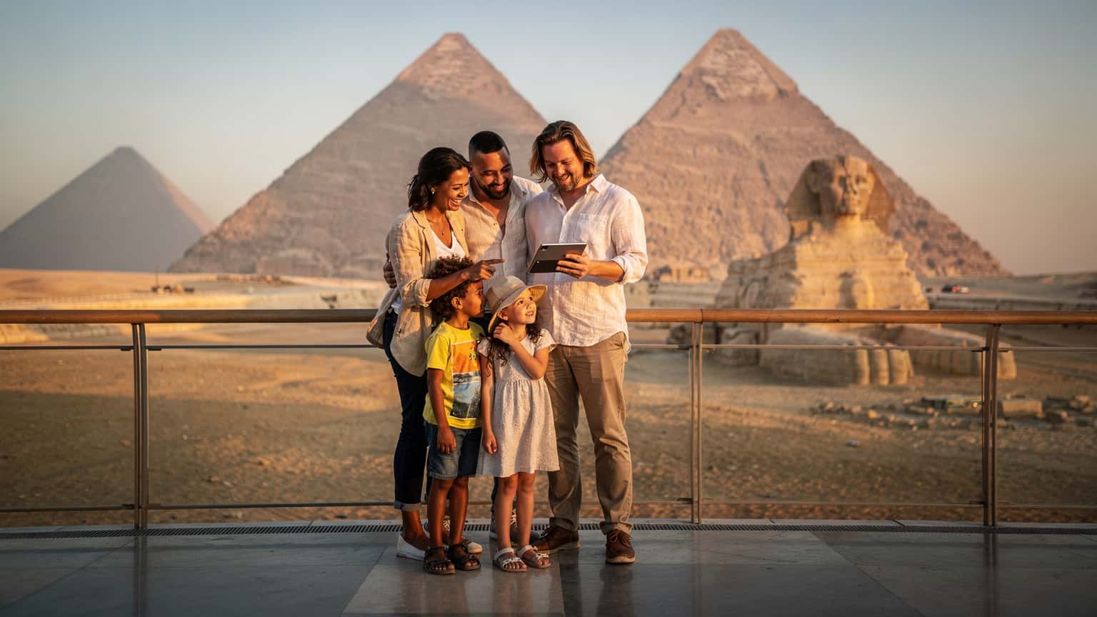 A family of four on a viewing platform overlooking the Giza Pyramids and Sphinx, suggesting modern and safe family travel in Egypt.