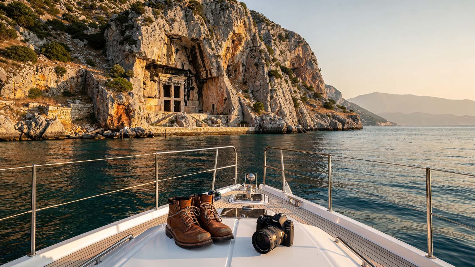 A photorealistic, cinematic wide shot showing an ancient Lycian rock tomb carved into a cliff overlooking a turquoise Mediterranean bay in Turkey, with a modern sailing yacht anchored in the foreground, featuring hiking boots and a camera on its deck.