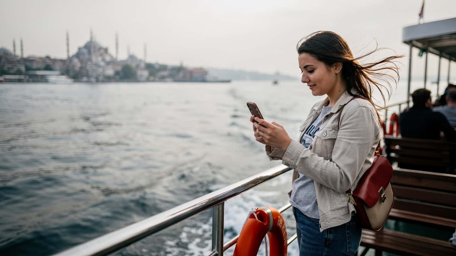 A woman uses her smartphone on a scenic Bosphorus ferry in Istanbul, with historical buildings in the background under a soft morning light.