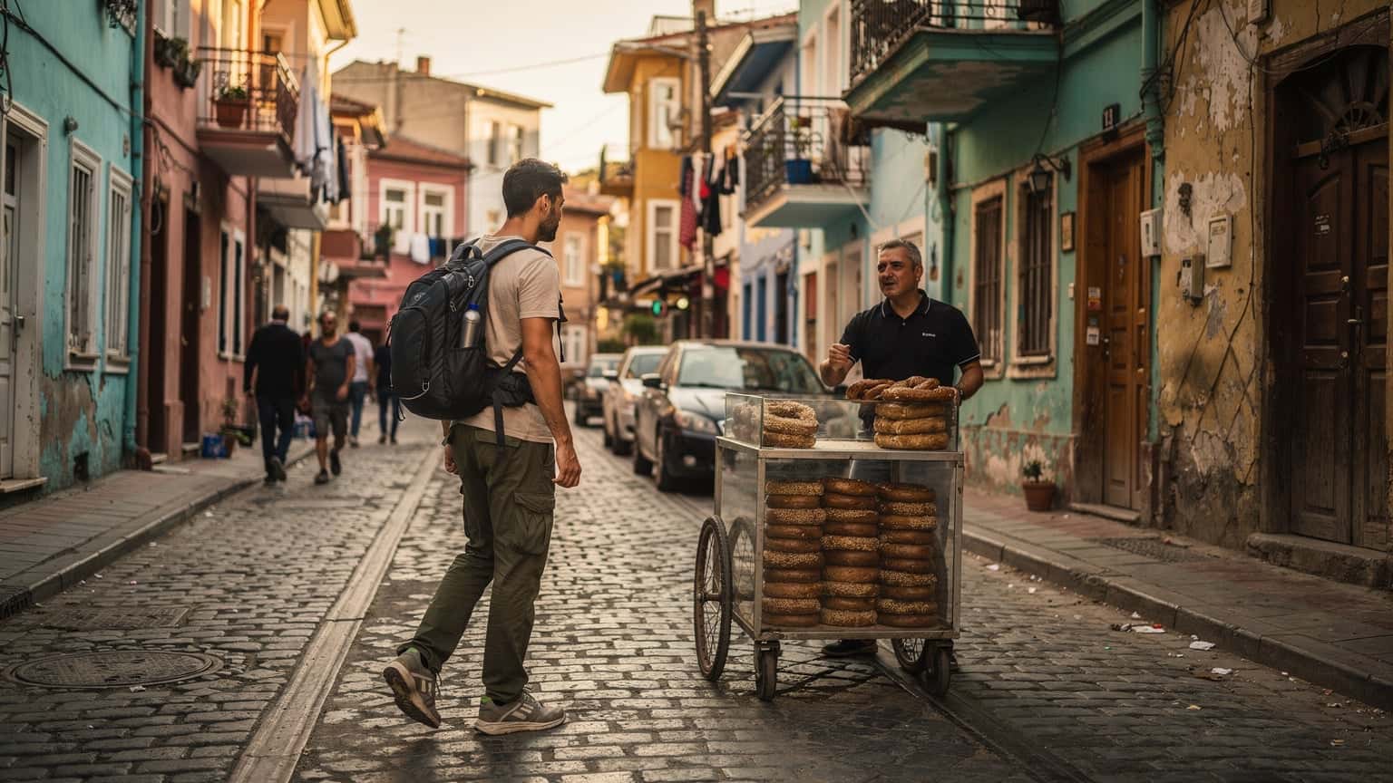 Un mochilero con una pequeña mochila caminando por una calle adoquinada en el barrio de Balat en Estambul, rodeado de casas coloridas y gente local, bajo una luz suave de atardecer.