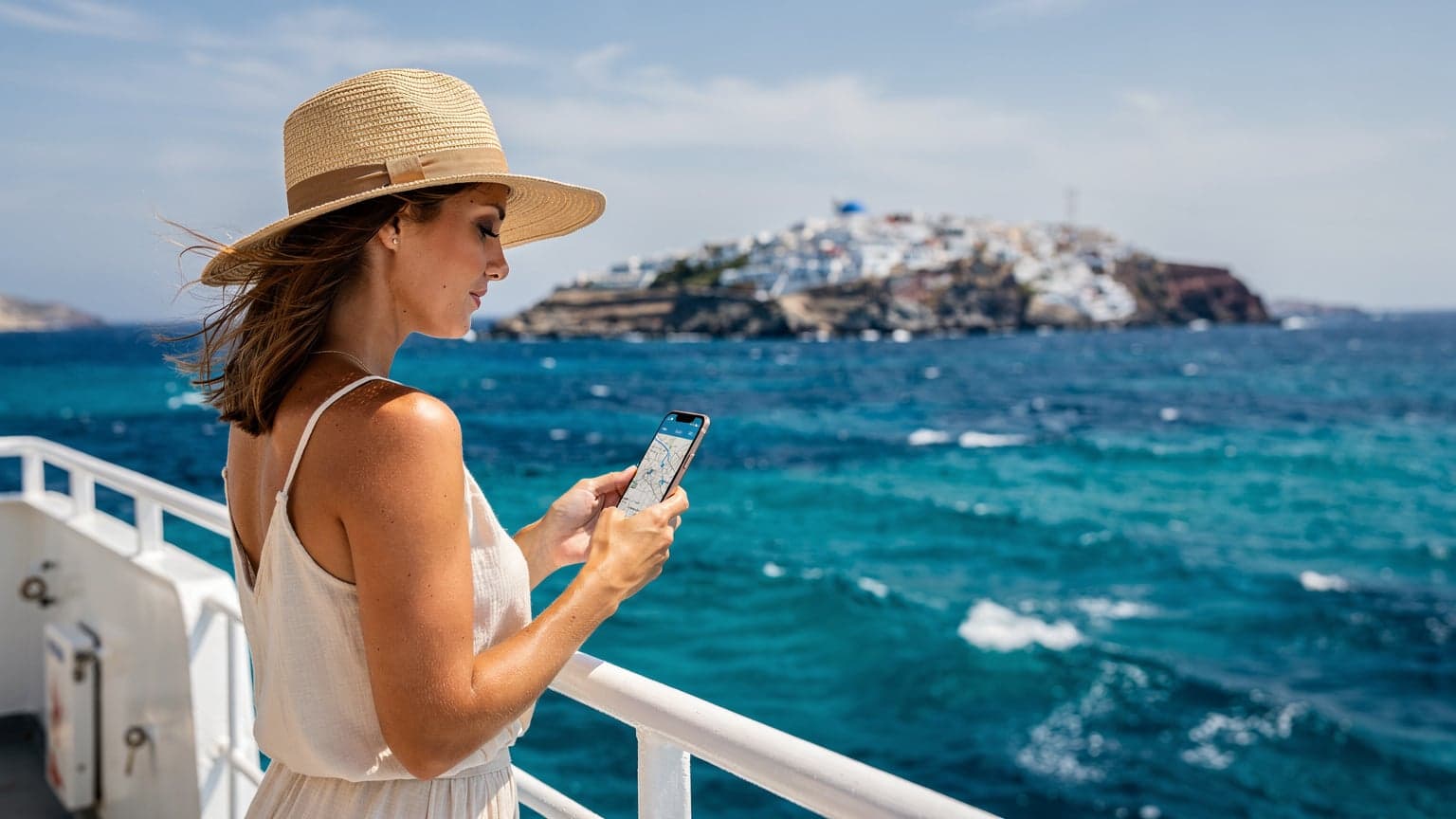 A traveler on a ferry deck sailing between Greek islands, looking at their phone with a calm expression, the Aegean Sea and distant islands in the background under a clear sky.