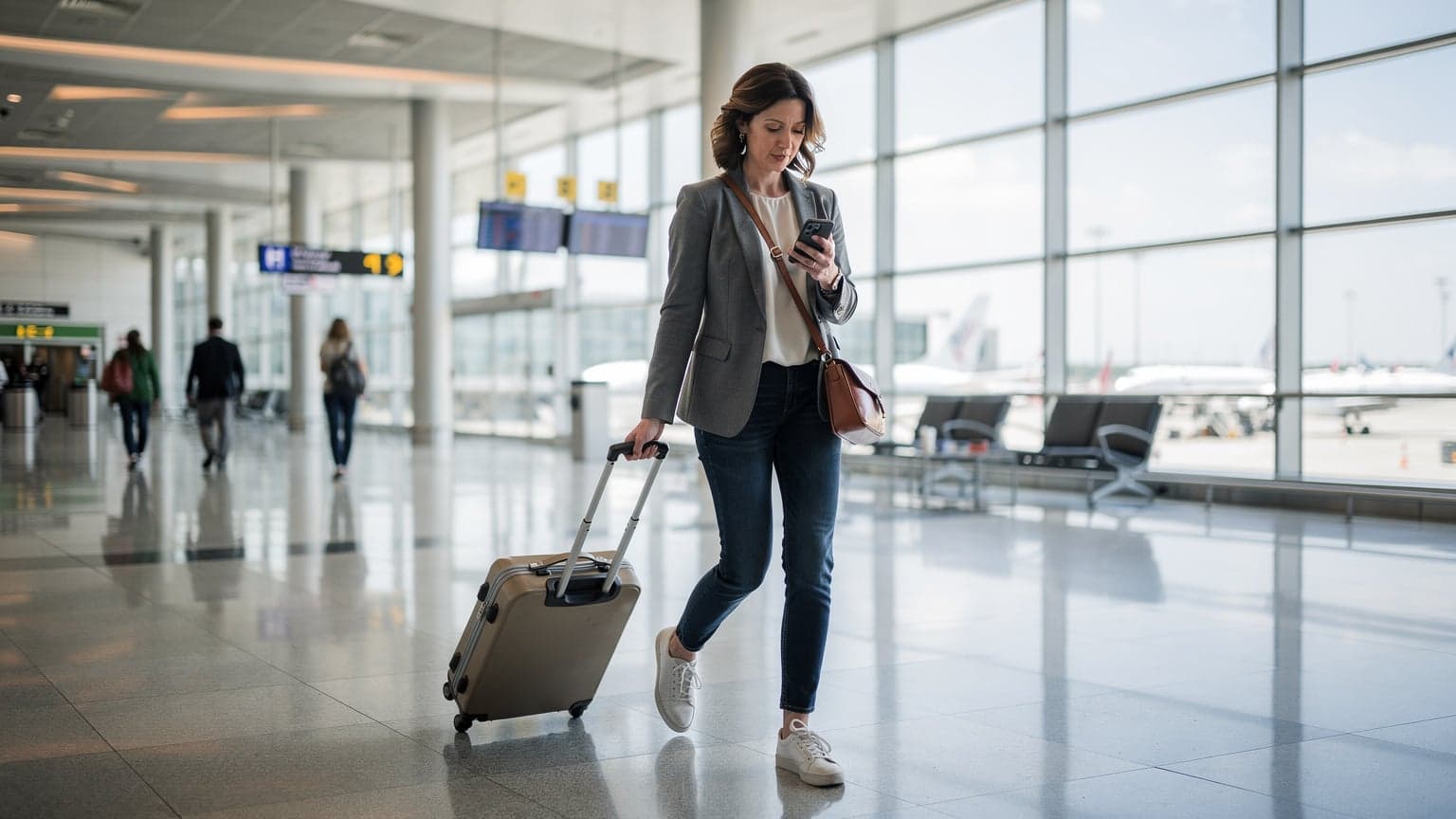 A woman confidently navigating a busy airport concourse in Atlanta, checking her phone with a clear sense of direction.